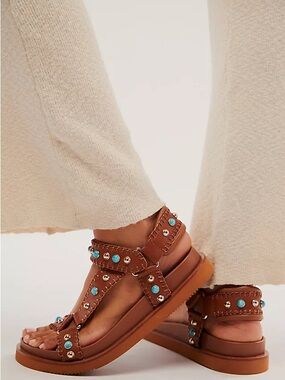 Ash Brown Leather Platform Sandals with Turquoise Accents